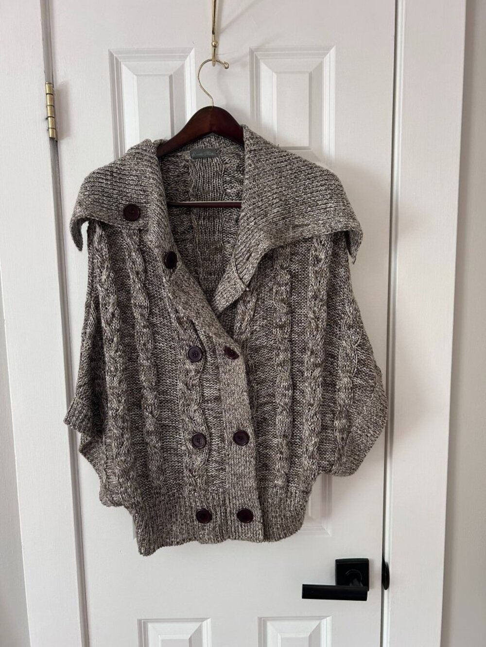 Pronto Moda Brown Cream Marled Cable Knit Cape Cardigan Button Collar S